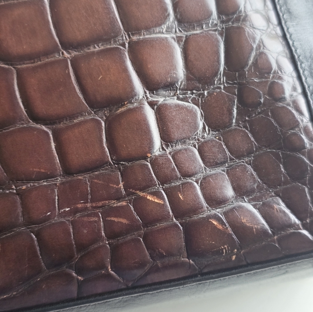 VTG Brahmin Tote Leather Handbag Women Crocodile Print Brown Black Rare - Picture 9 of 15